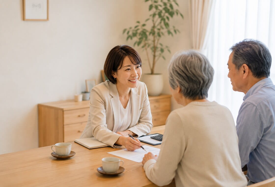 相続の相談をするご家族と税理士