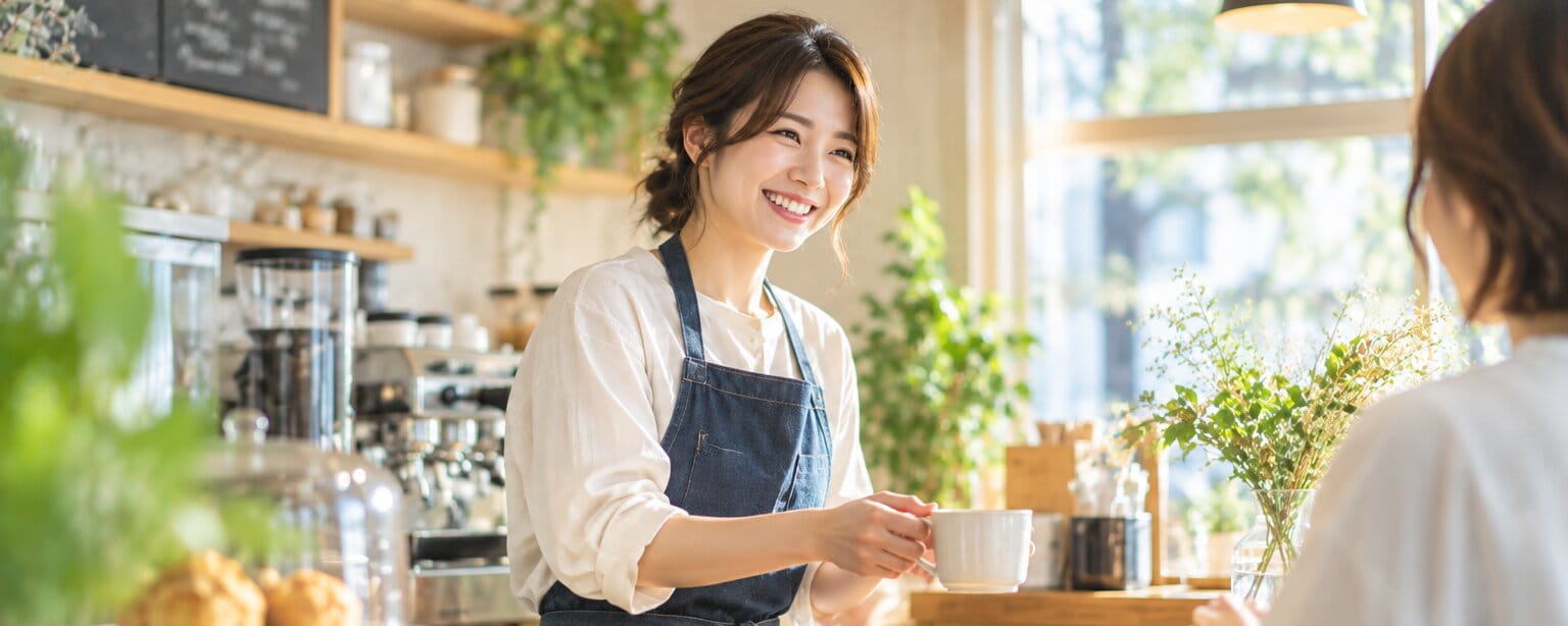 カウンター越しにお客様へコーヒーを出す cafe hinata のスタッフ